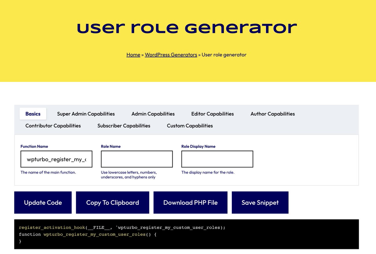 WPTurbo's new User Role Generator.