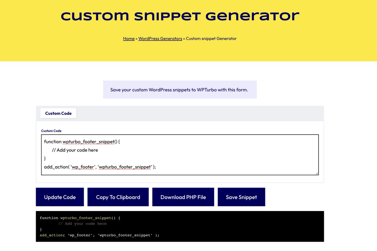 WPTurbo's new Custom Snippet Generator.